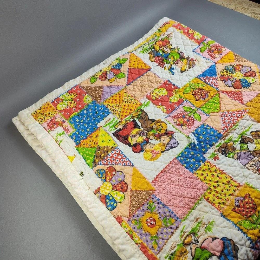 Vintage 1970s Hollie Hobbie Style Patchwork Quilt Blanket Handmade 52x44 Retro